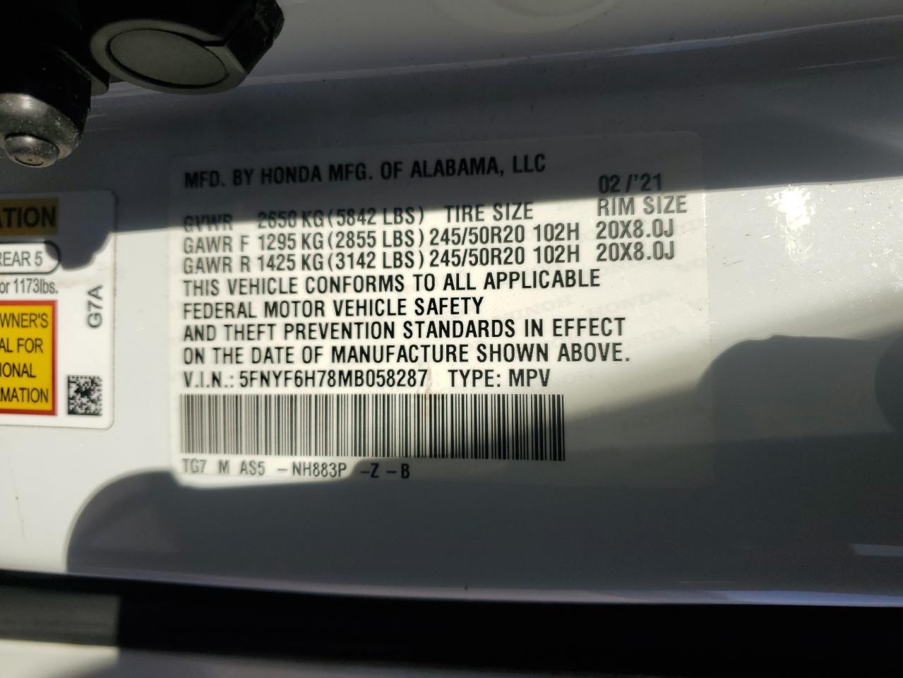 2021 Honda Pilot Black VIN: 5FNYF6H78MB058287 Lot: 92197305