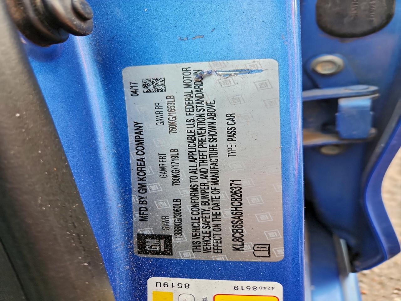 2017 Chevrolet Spark Ls VIN: KL8CB6SA6HC826371 Lot: 94075315