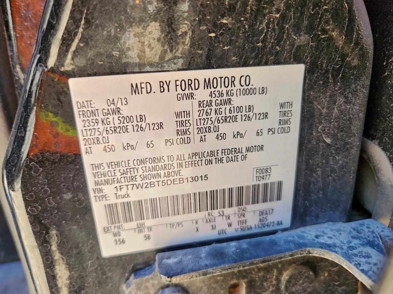 2013 Ford F250 Super Duty VIN: 1FT7W2BT5DEB13015 Lot: 94416725