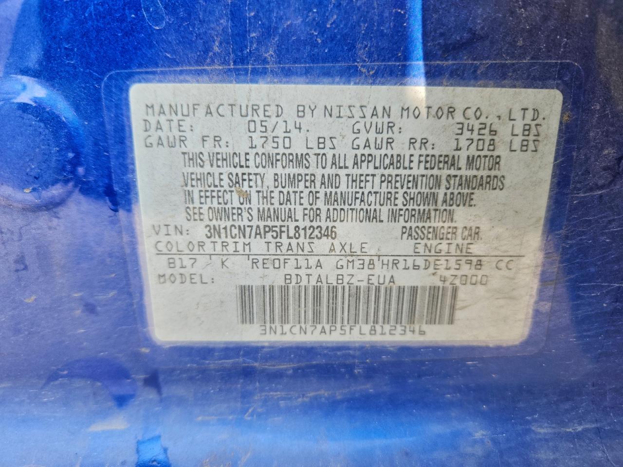 2015 Nissan Versa S VIN: 3N1CN7AP5FL812346 Lot: 93927685