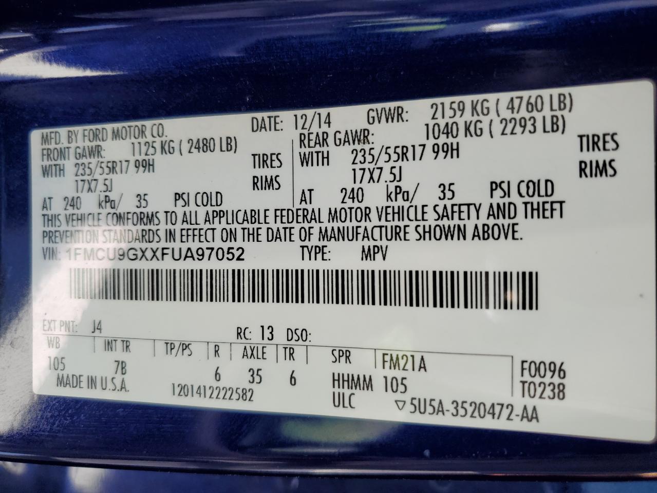 2015 Ford Escape Se VIN: 1FMCU9GXXFUA97052 Lot: 92590675