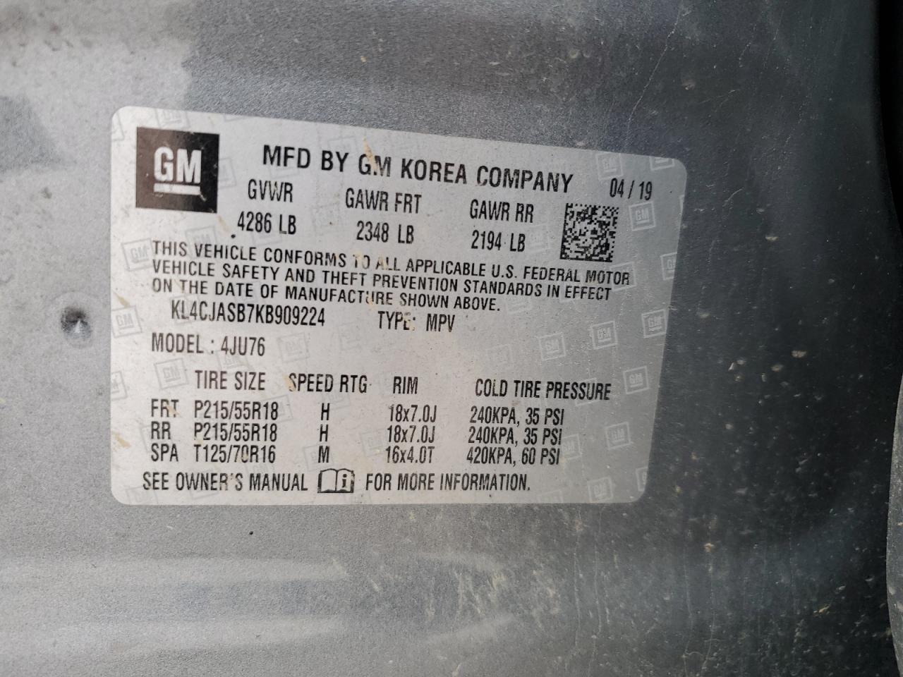 2019 Buick Encore Preferred VIN: KL4CJASB7KB909224 Lot: 92426385