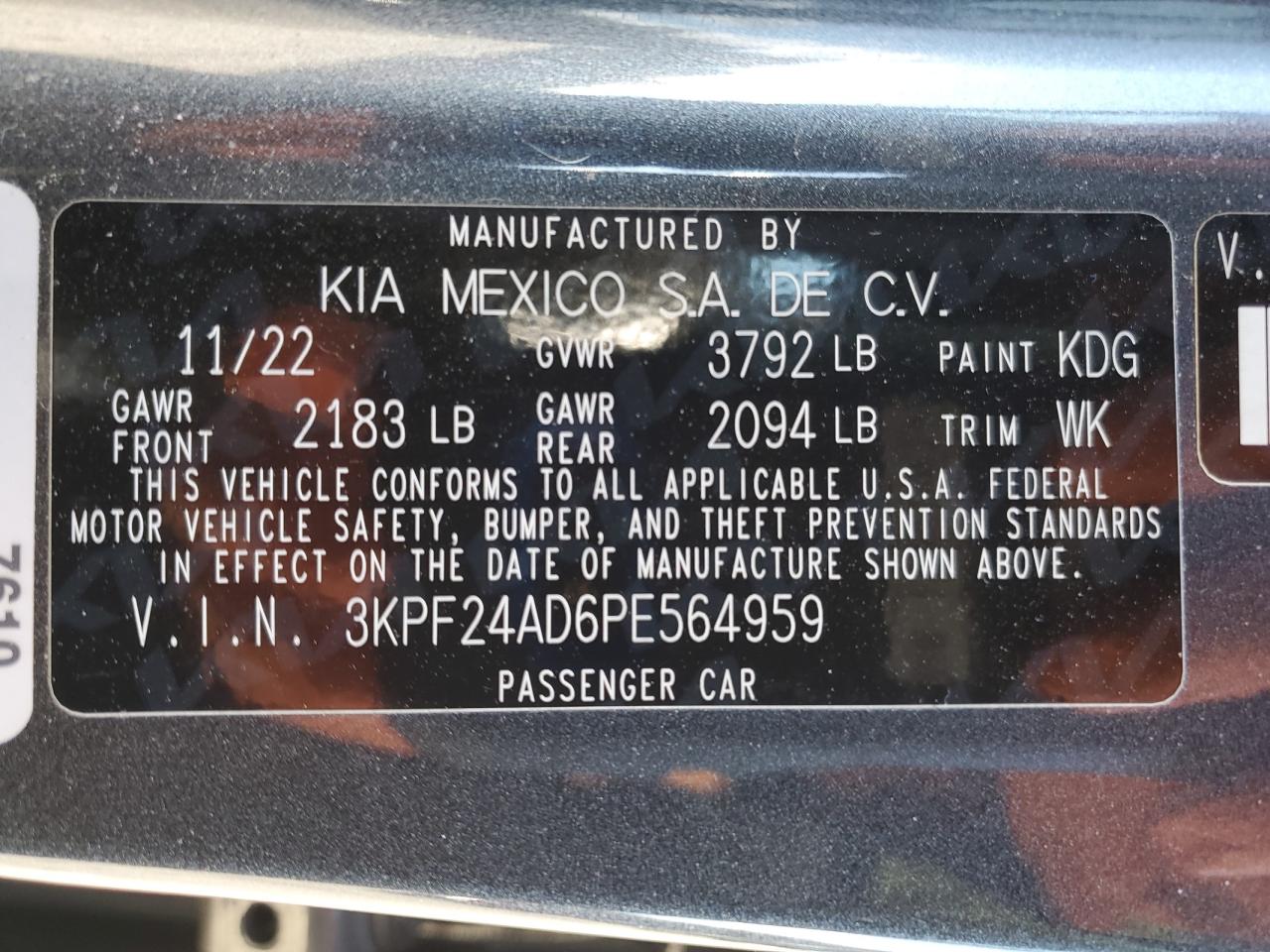 2023 Kia Forte Lx VIN: 3KPF24AD6PE564959 Lot: 92086455