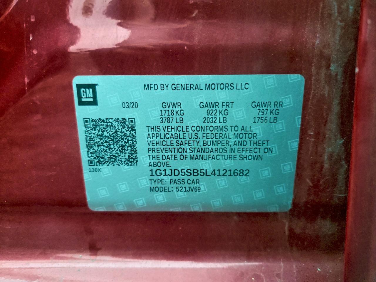 2020 Chevrolet Sonic Lt VIN: 1G1JD5SB5L4121682 Lot: 93328425