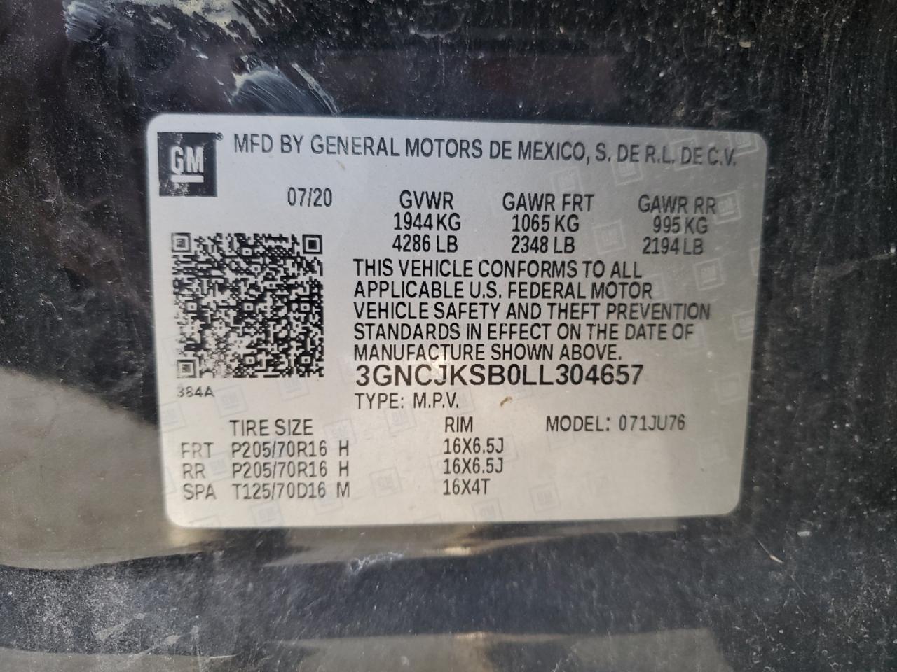 2020 Chevrolet Trax Ls VIN: 3GNCJKSB0LL304657 Lot: 92506955