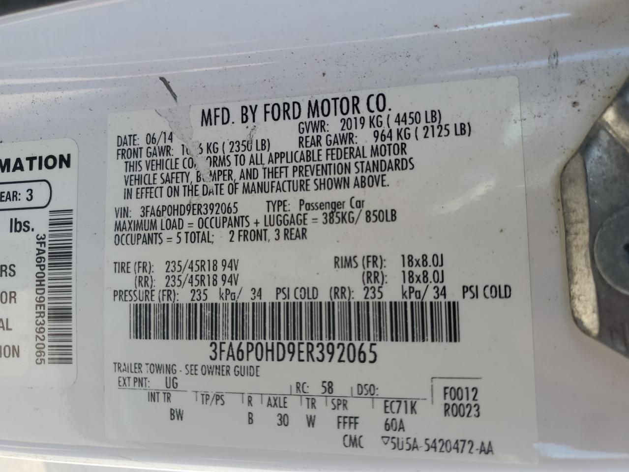 2014 Ford Fusion Se VIN: 3FA6P0HD9ER392065 Lot: 91579255