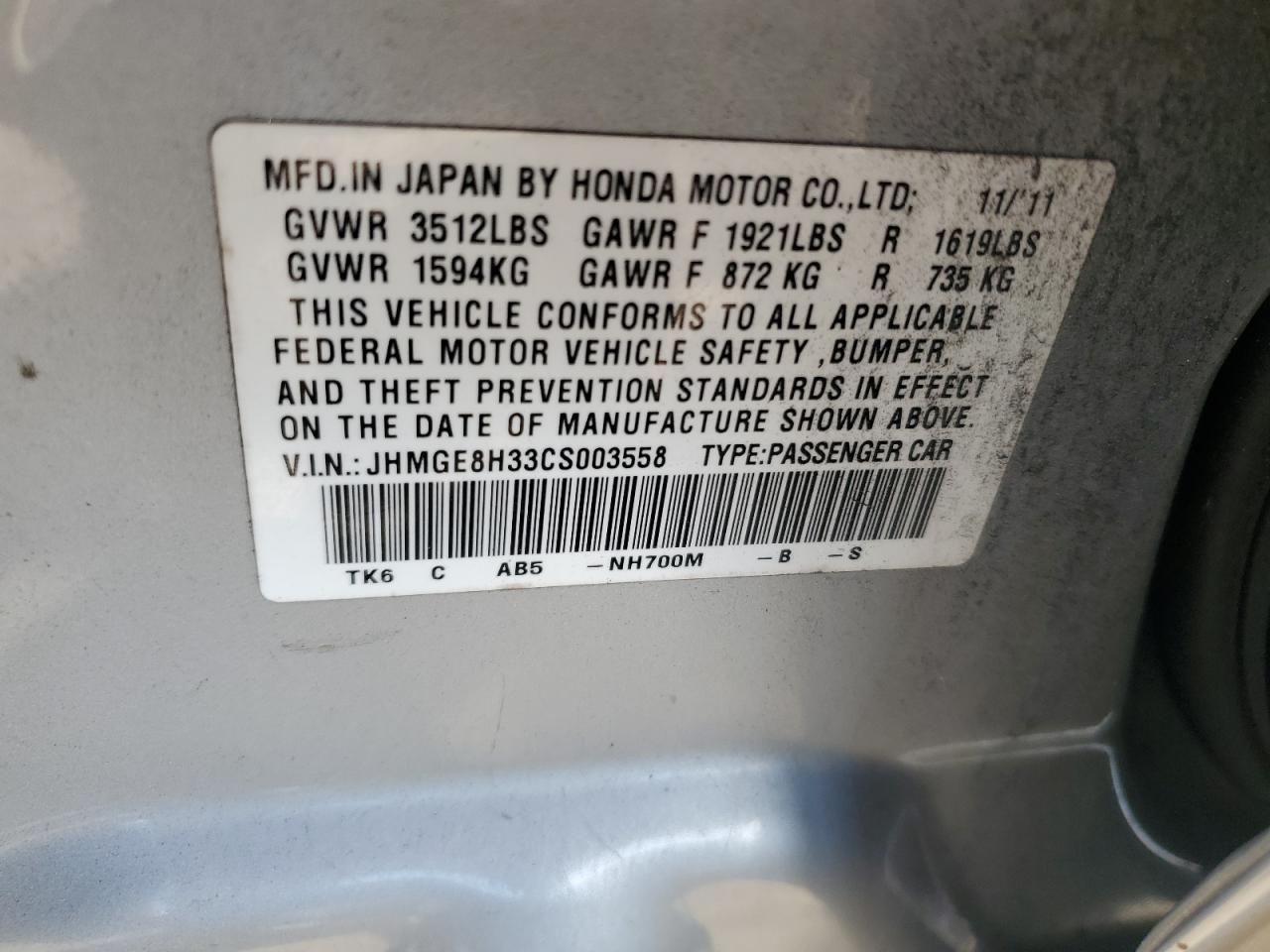 2012 Honda Fit VIN: JHMGE8H33CS003558 Lot: 92985675