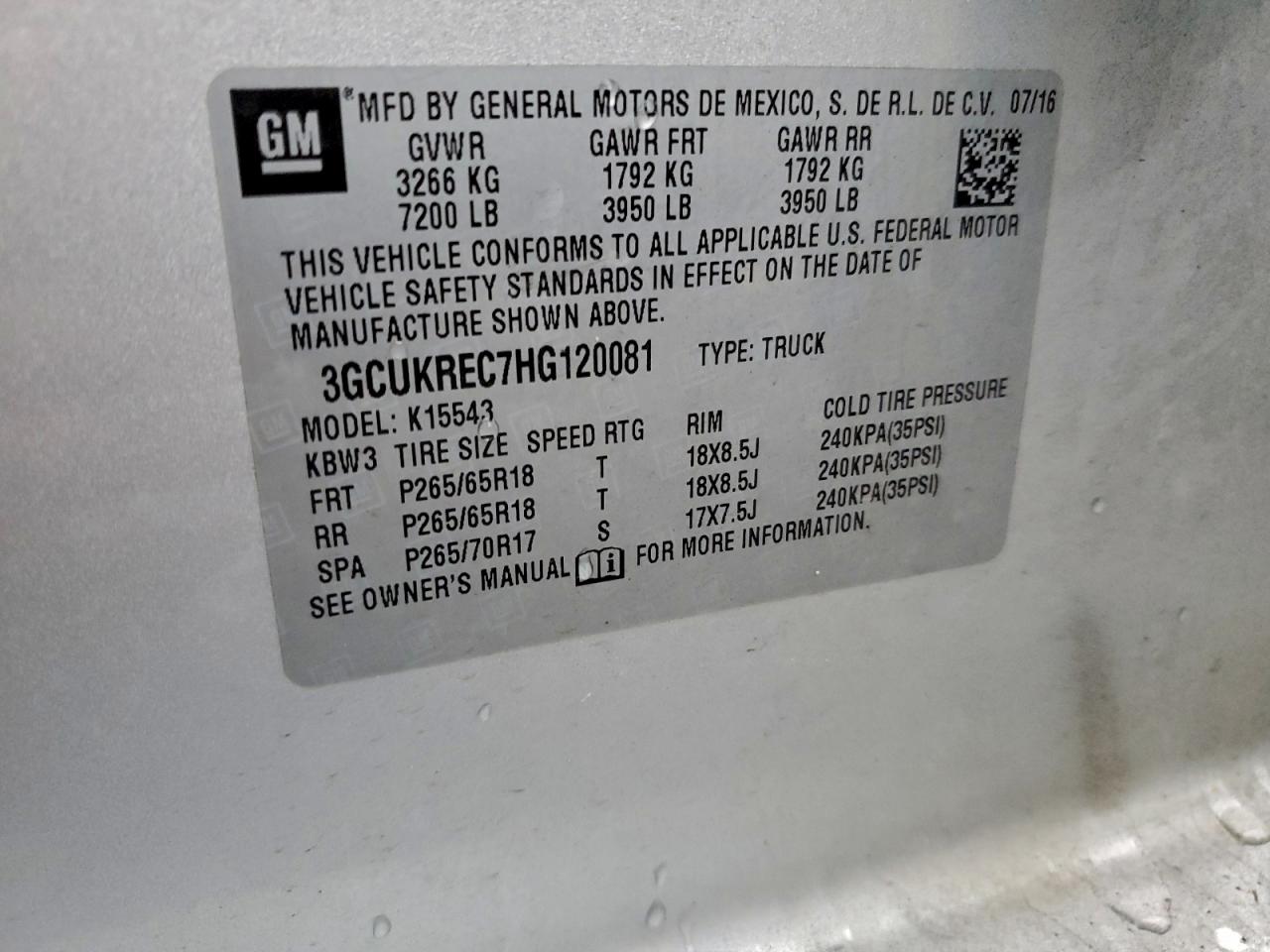 2017 Chevrolet Silverado K1500 Lt VIN: 3GCUKREC7HG120081 Lot: 94306025