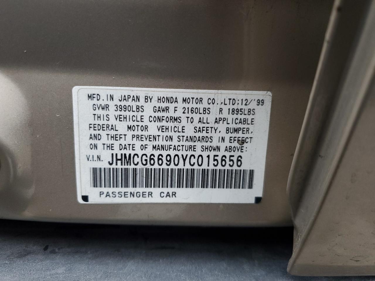 2000 Honda Accord Se VIN: JHMCG6690YC015656 Lot: 93093825