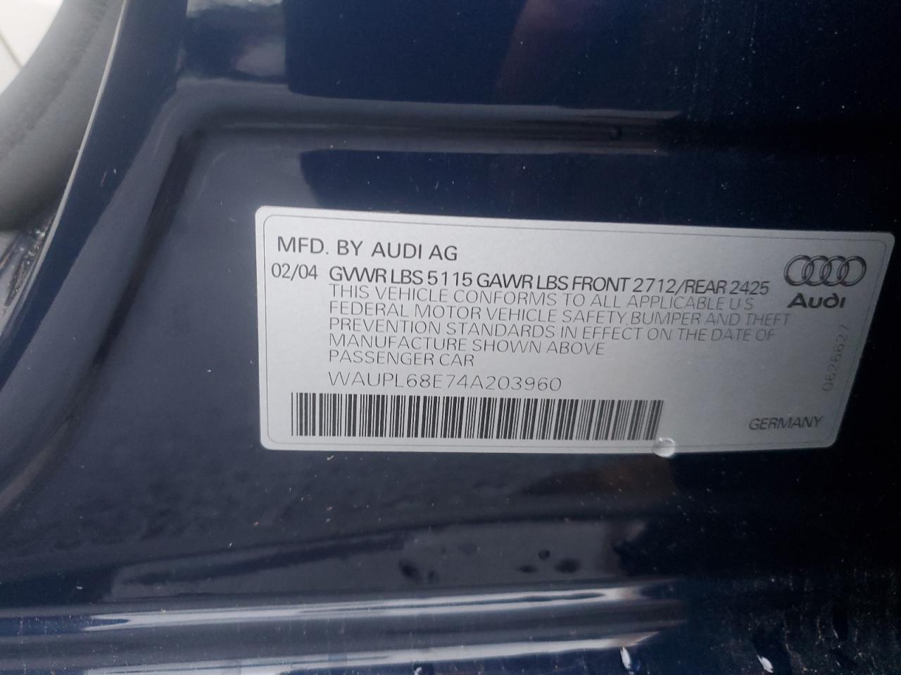 2004 Audi S4 VIN: WAUPL68E74A203960 Lot: 93370145