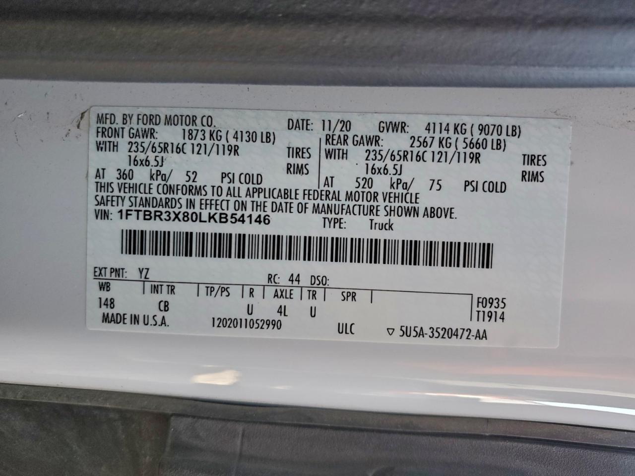 2020 Ford Transit T-250 VIN: 1FTBR3X80LKB54146 Lot: 93176525