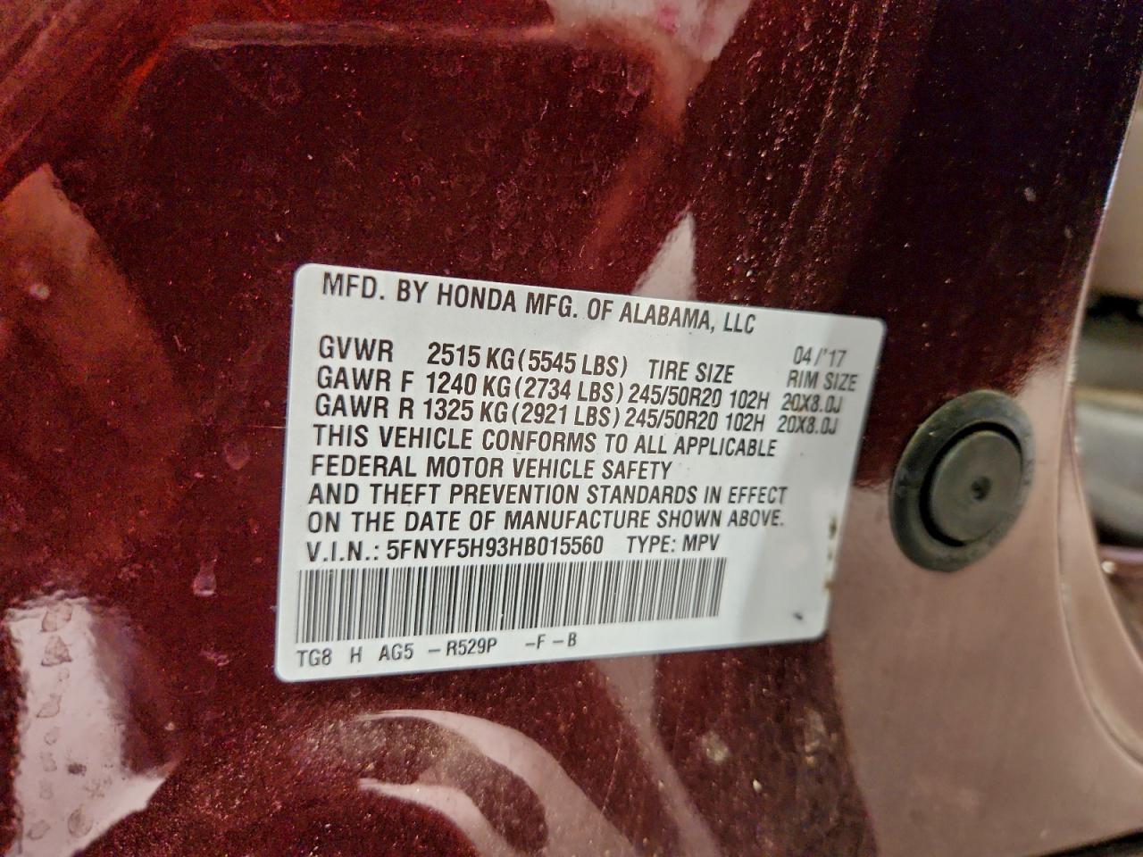 2017 Honda Pilot Touring VIN: 5FNYF5H93HB015560 Lot: 93413795