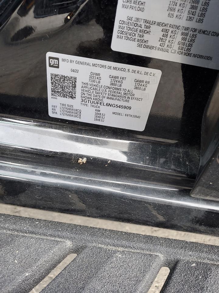 2022 GMC Sierra K1500 At4X VIN: 3GTUUFEL6NG545909 Lot: 92194325