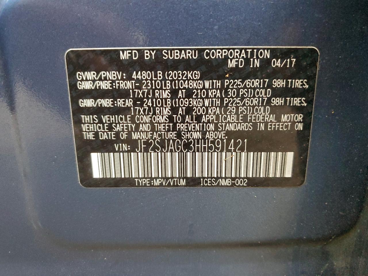 2017 Subaru Forester 2.5I Premium VIN: JF2SJAGC3HH591421 Lot: 94104805