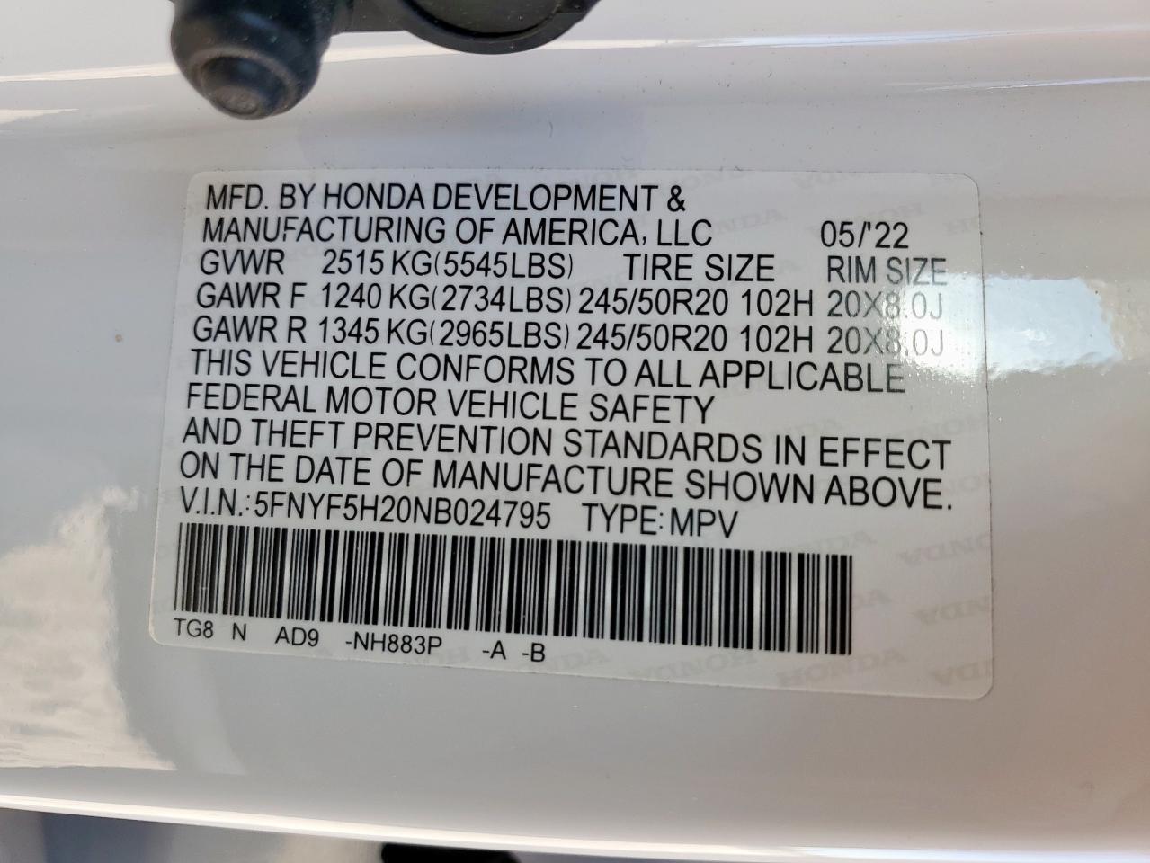 2022 Honda Pilot Se VIN: 5FNYF5H20NB024795 Lot: 91494025