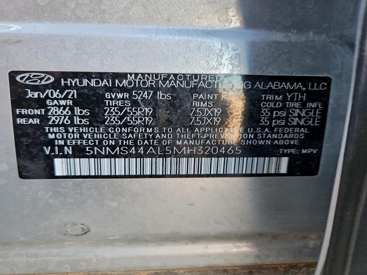 2021 Hyundai Santa Fe Limited VIN: 5NMS44AL5MH320465 Lot: 94433755