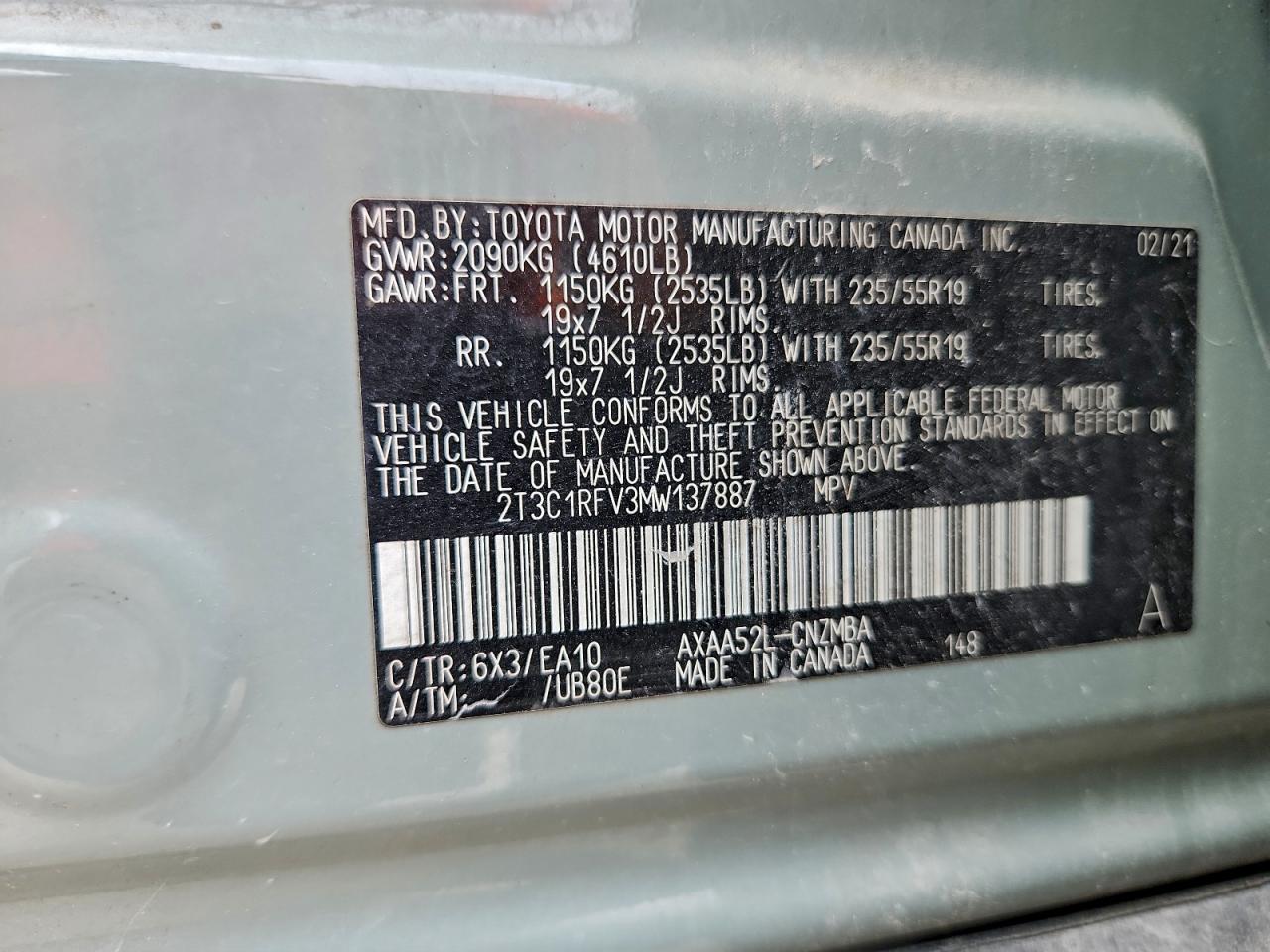 2021 Toyota Rav4 Xle Premium VIN: 2T3C1RFV3MW137887 Lot: 93841225