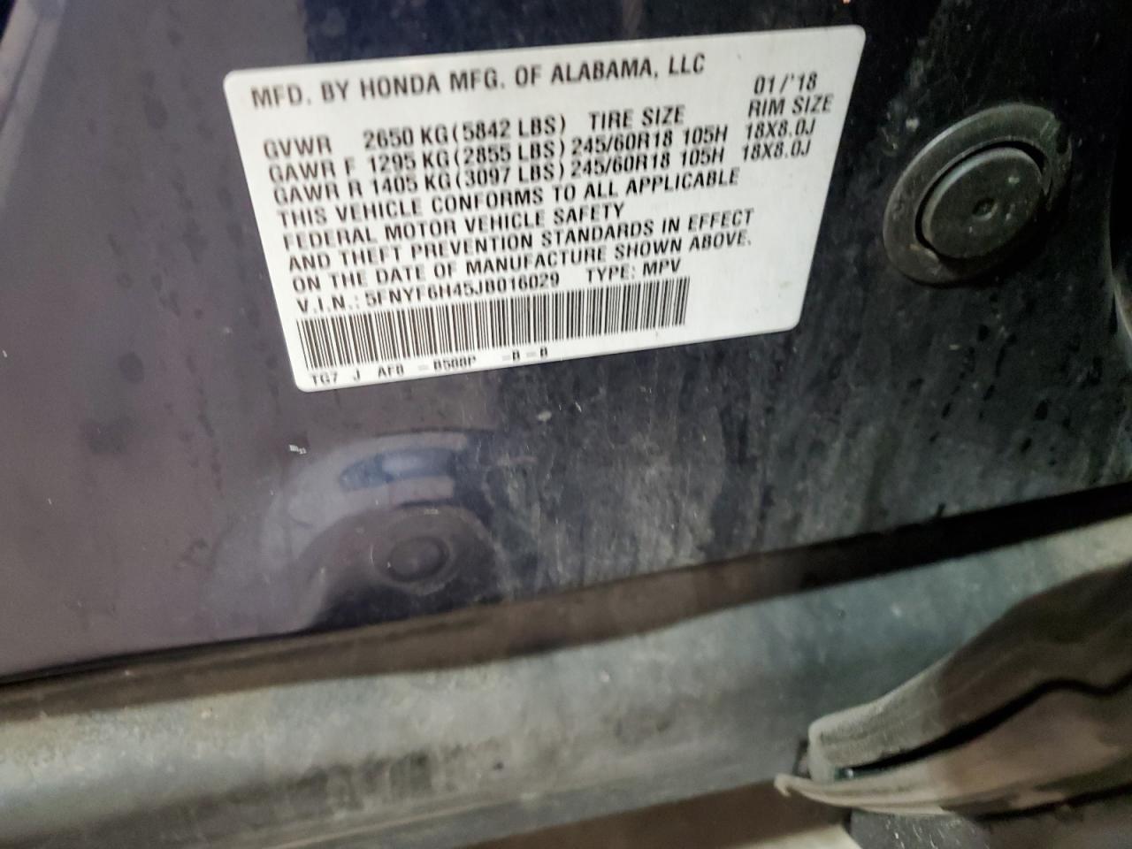 2018 Honda Pilot Ex VIN: 5FNYF6H45JB016029 Lot: 91640695