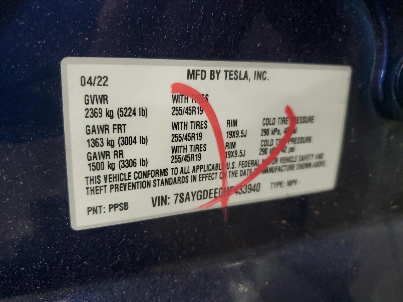 2022 Tesla Model Y VIN: 7SAYGDEE0NF433940 Lot: 92716935
