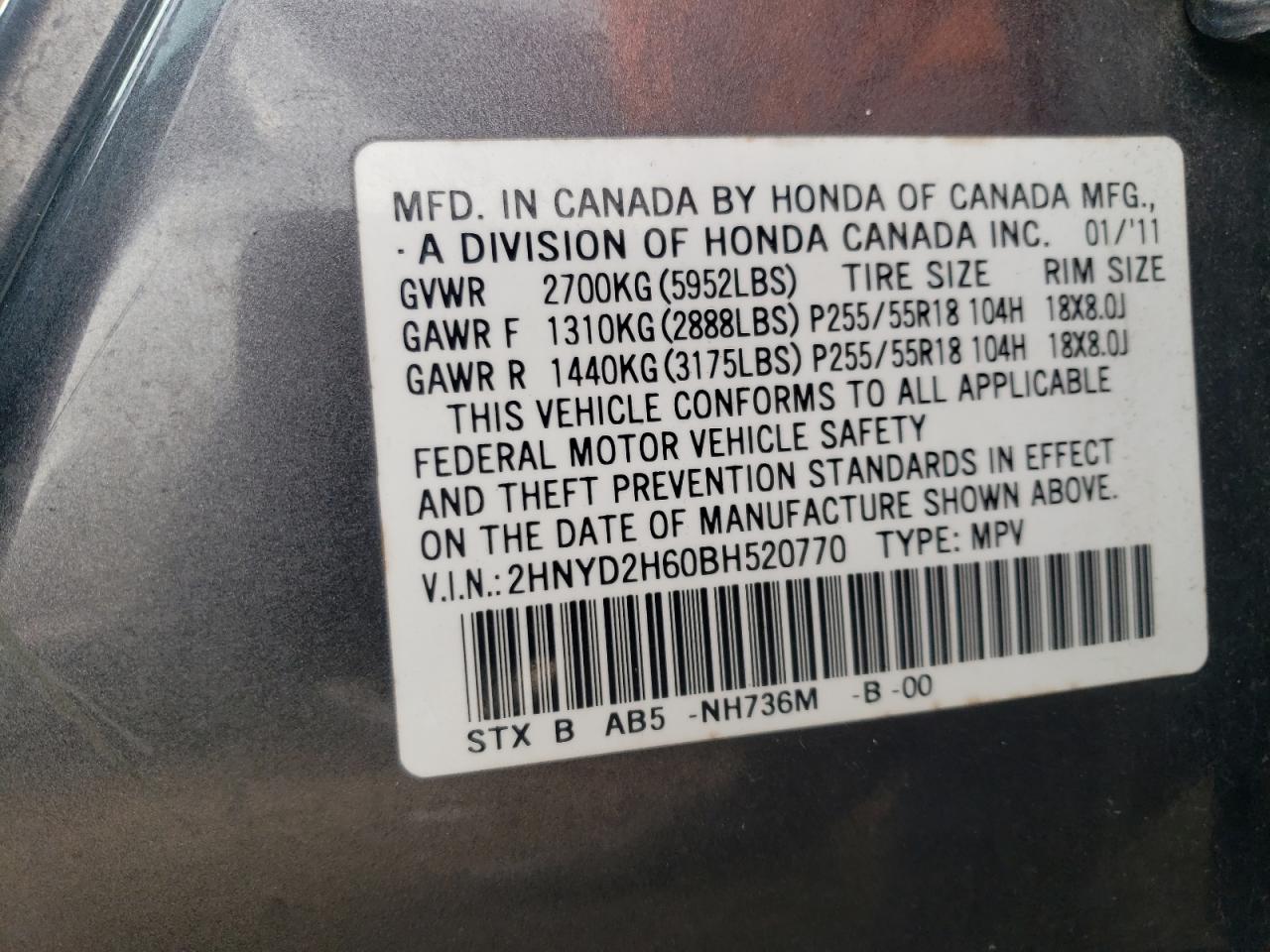 2011 Acura Mdx Technology VIN: 2HNYD2H60BH520770 Lot: 93292565