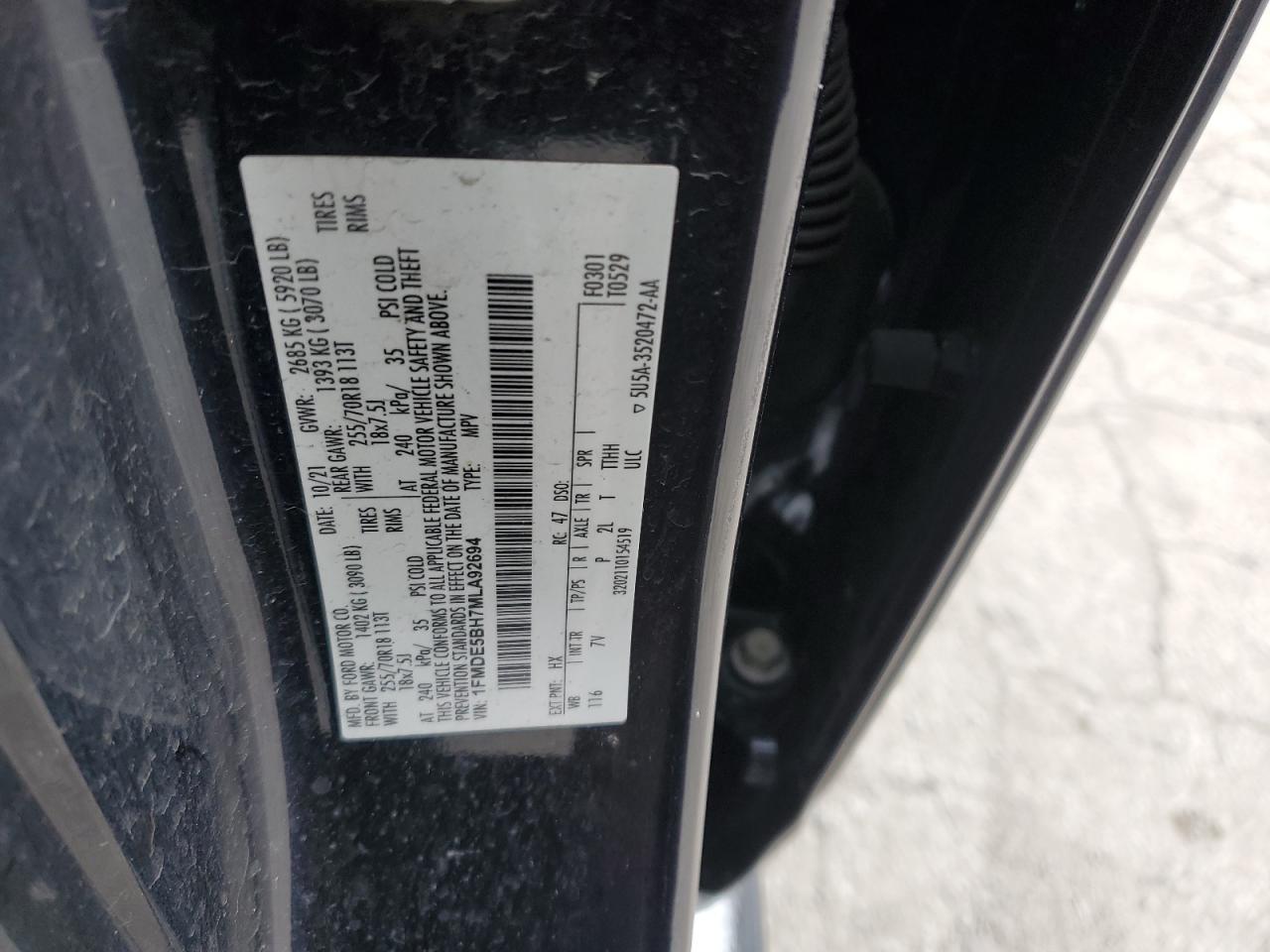 2021 Ford Bronco Base VIN: 1FMDE5BH7MLA92694 Lot: 92233955