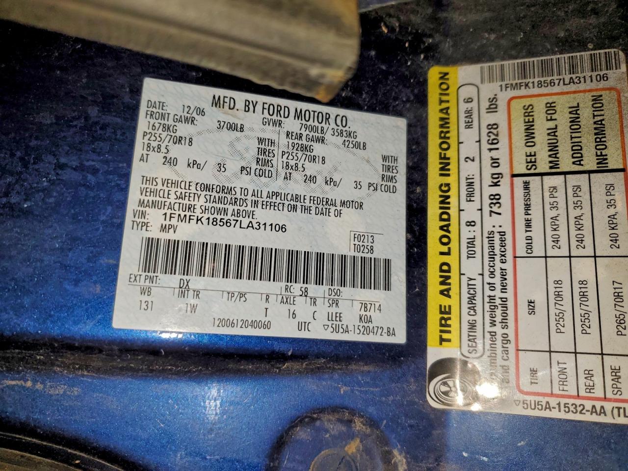 2007 Ford Expedition El Eddie Bauer VIN: 1FMFK18567LA31106 Lot: 93901755