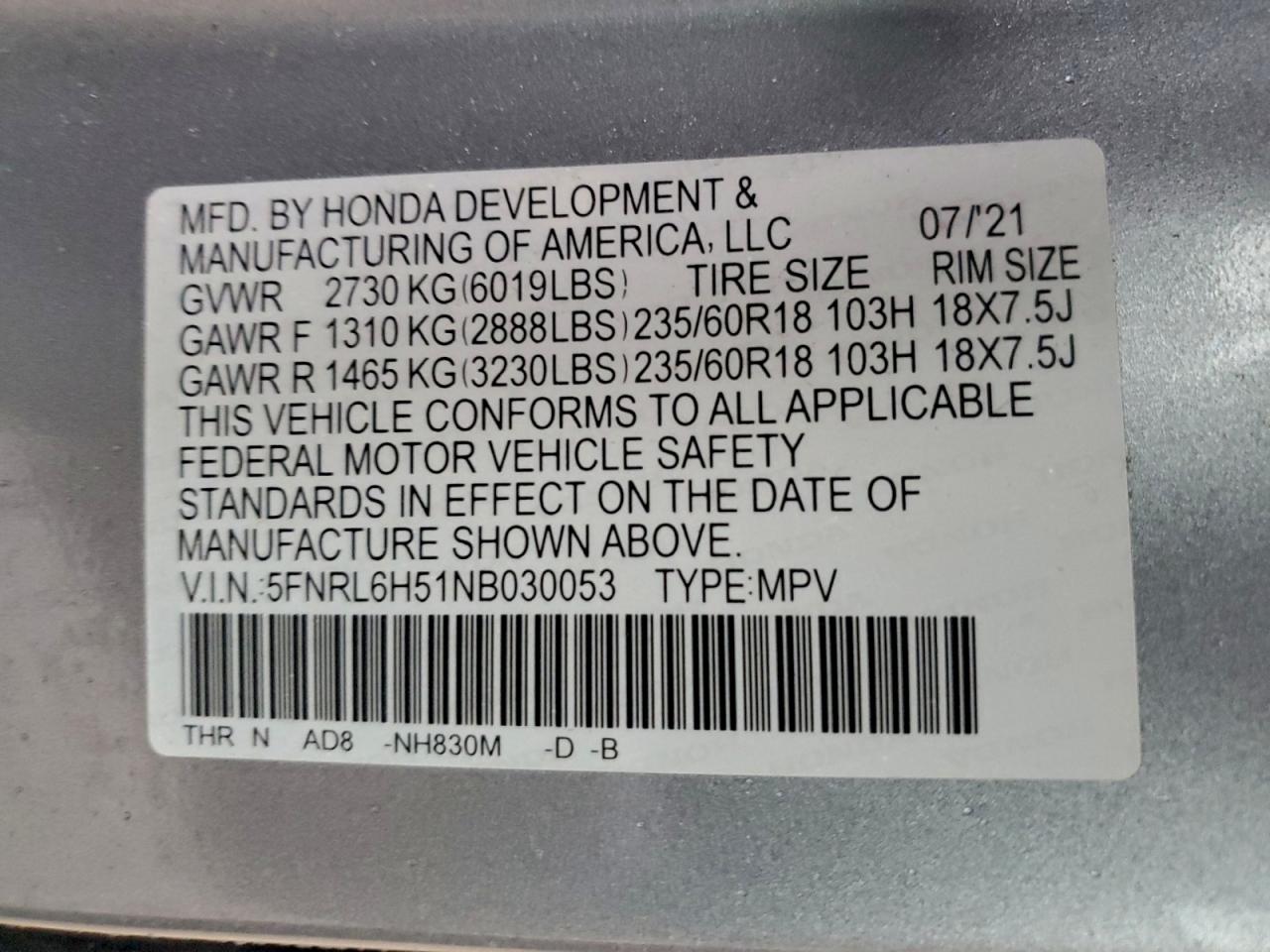 2022 Honda Odyssey Ex VIN: 5FNRL6H51NB030053 Lot: 94033295