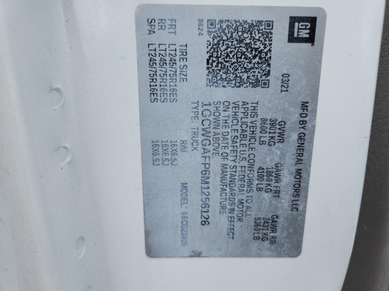 2021 Chevrolet Express Delivery Van VIN: 1GCWGAFP6M1256126 Lot: 90623145