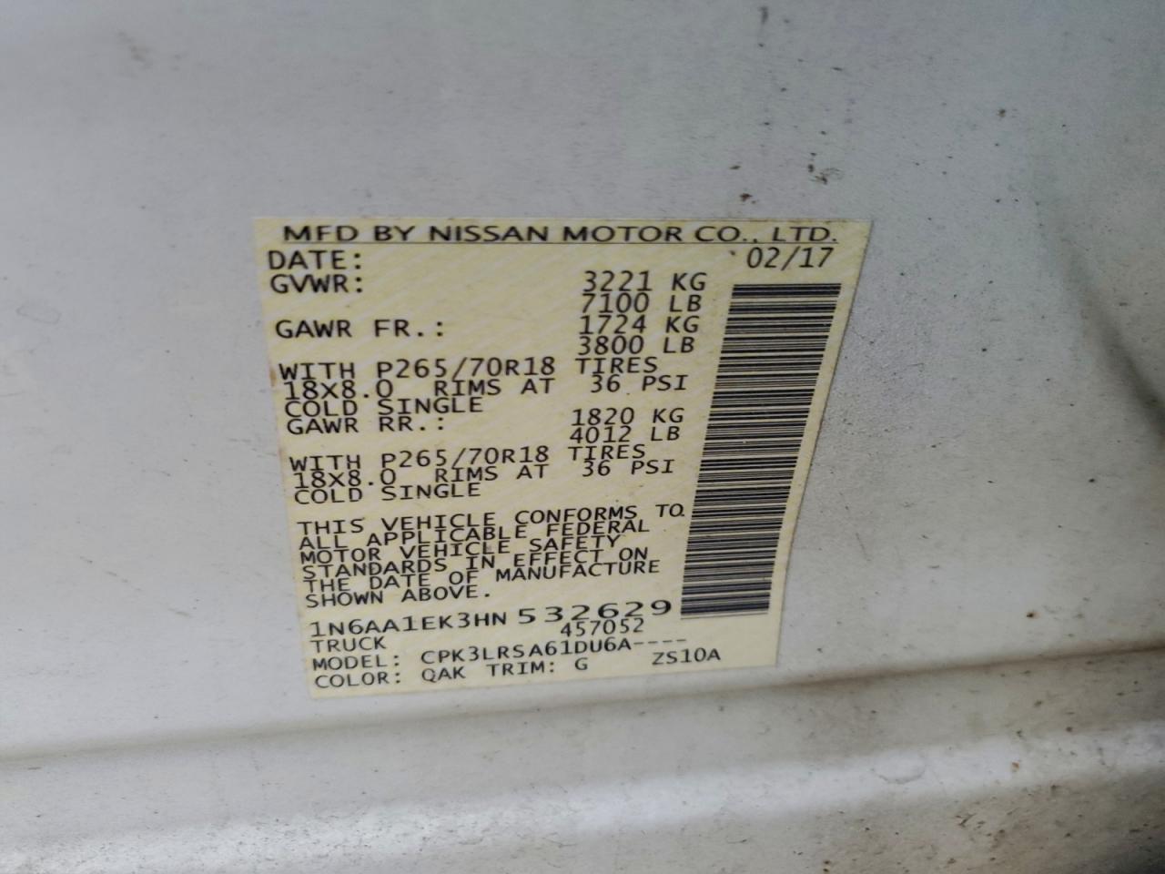 2017 Nissan Titan S VIN: 1N6AA1EK3HN532629 Lot: 94066955