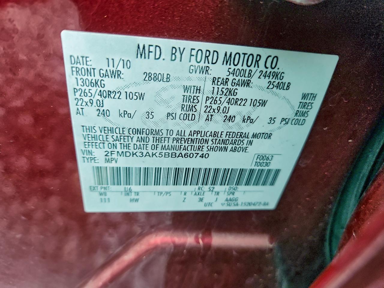 2011 Ford Edge Sport VIN: 2FMDK3AK5BBA60740 Lot: 93859655