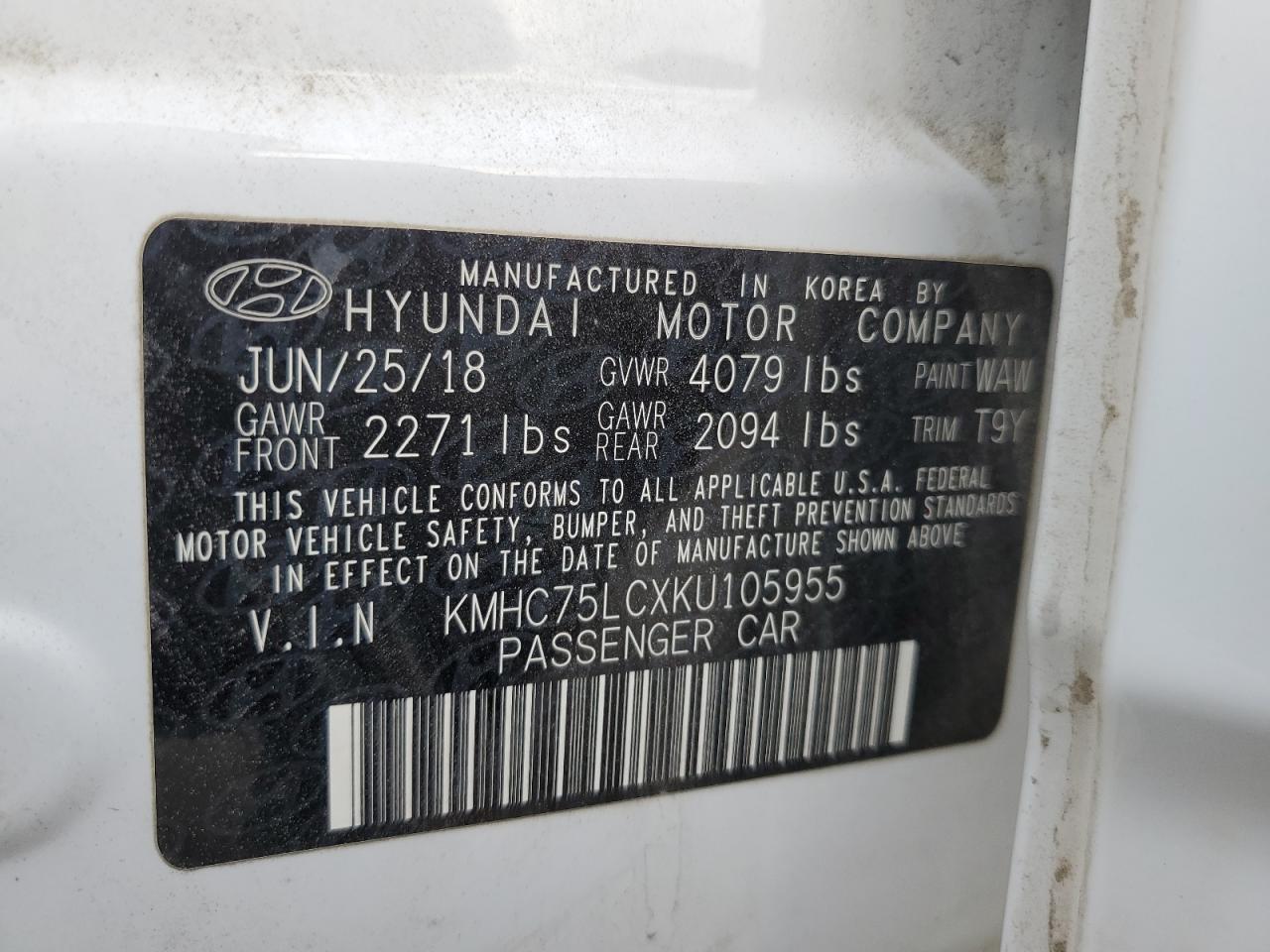 2019 Hyundai Ioniq Sel VIN: KMHC75LCXKU105955 Lot: 93073425