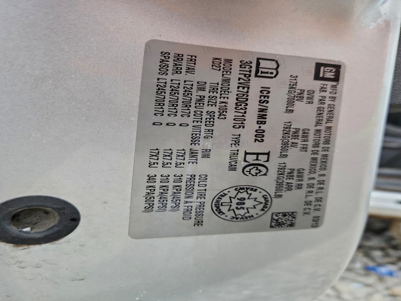 2013 GMC Sierra K1500 Sle VIN: 3GTP2VE76DG371015 Lot: 93957025