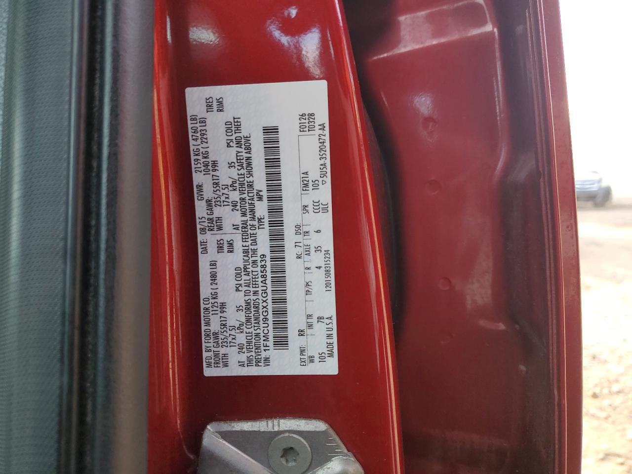 2016 Ford Escape Se VIN: 1FMCU9GXXGUA85839 Lot: 92989575