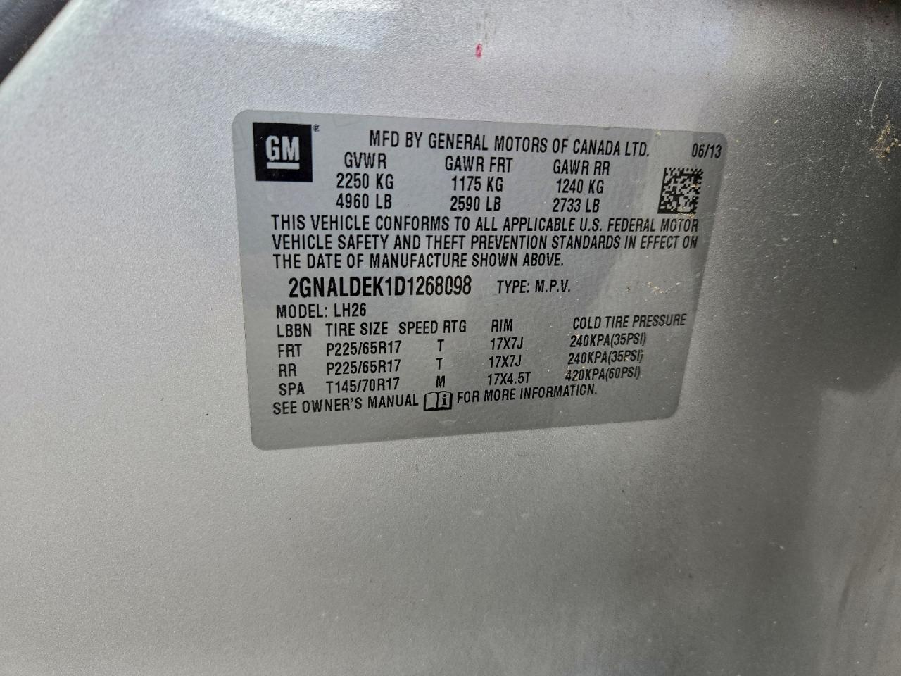 2013 Chevrolet Equinox Lt VIN: 2GNALDEK1D1268098 Lot: 94414955