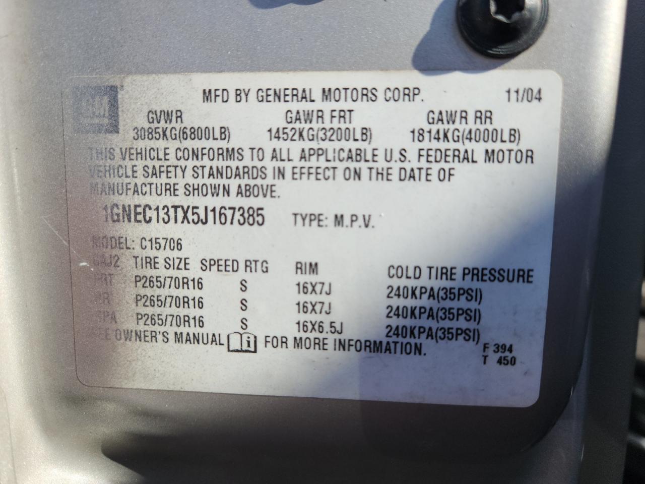 2005 Chevrolet Tahoe C1500 VIN: 1GNEC13TX5J167385 Lot: 92670575