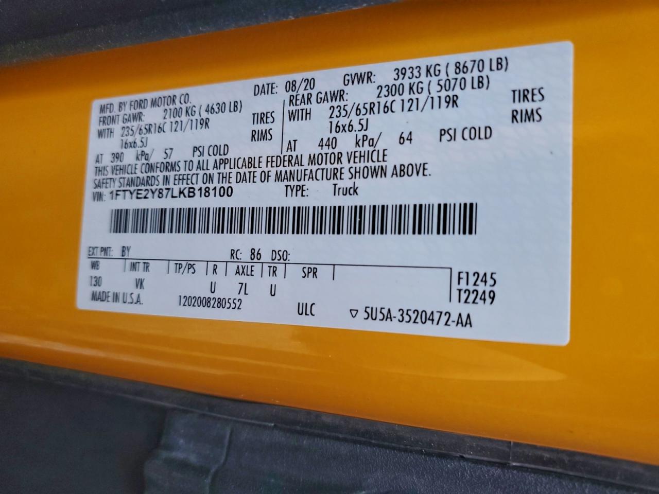 2020 Ford Transit T-150 VIN: 1FTYE2Y87LKB18100 Lot: 93631005