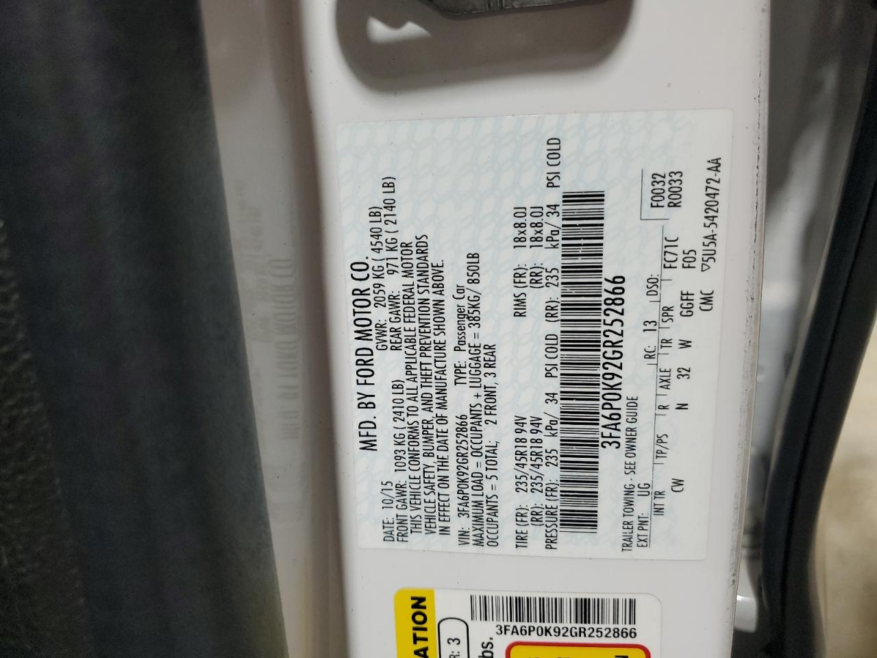 2016 Ford Fusion Titanium VIN: 3FA6P0K92GR252866 Lot: 93498565