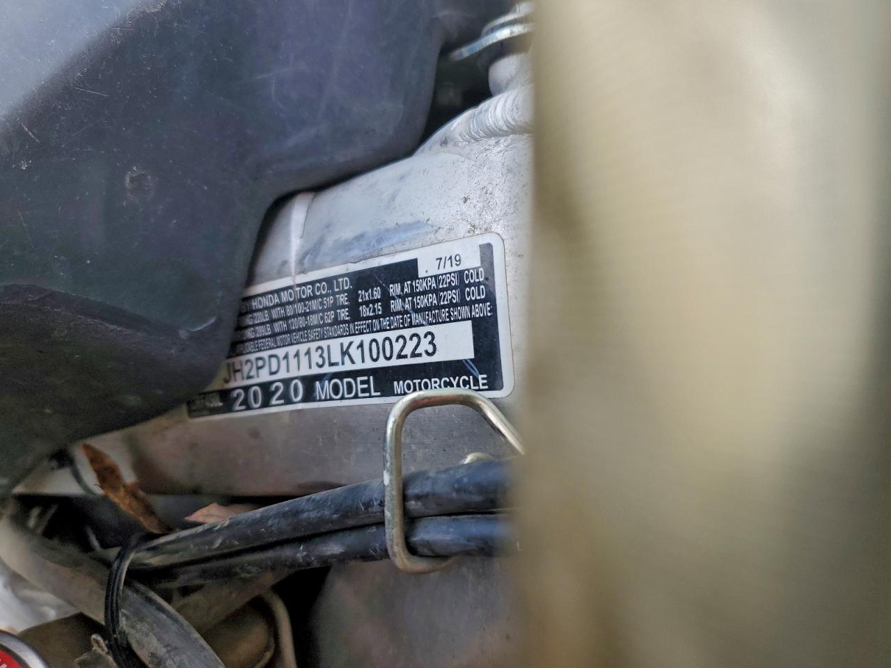 2020 Honda Crf450 L VIN: JH2PD1113LK100223 Lot: 94087225