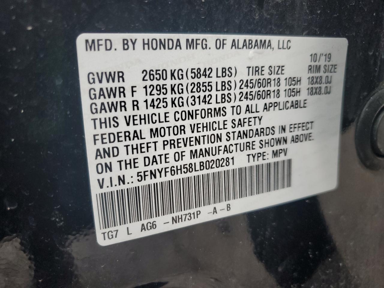 2020 Honda Pilot Exl VIN: 5FNYF6H58LB020281 Lot: 92300445