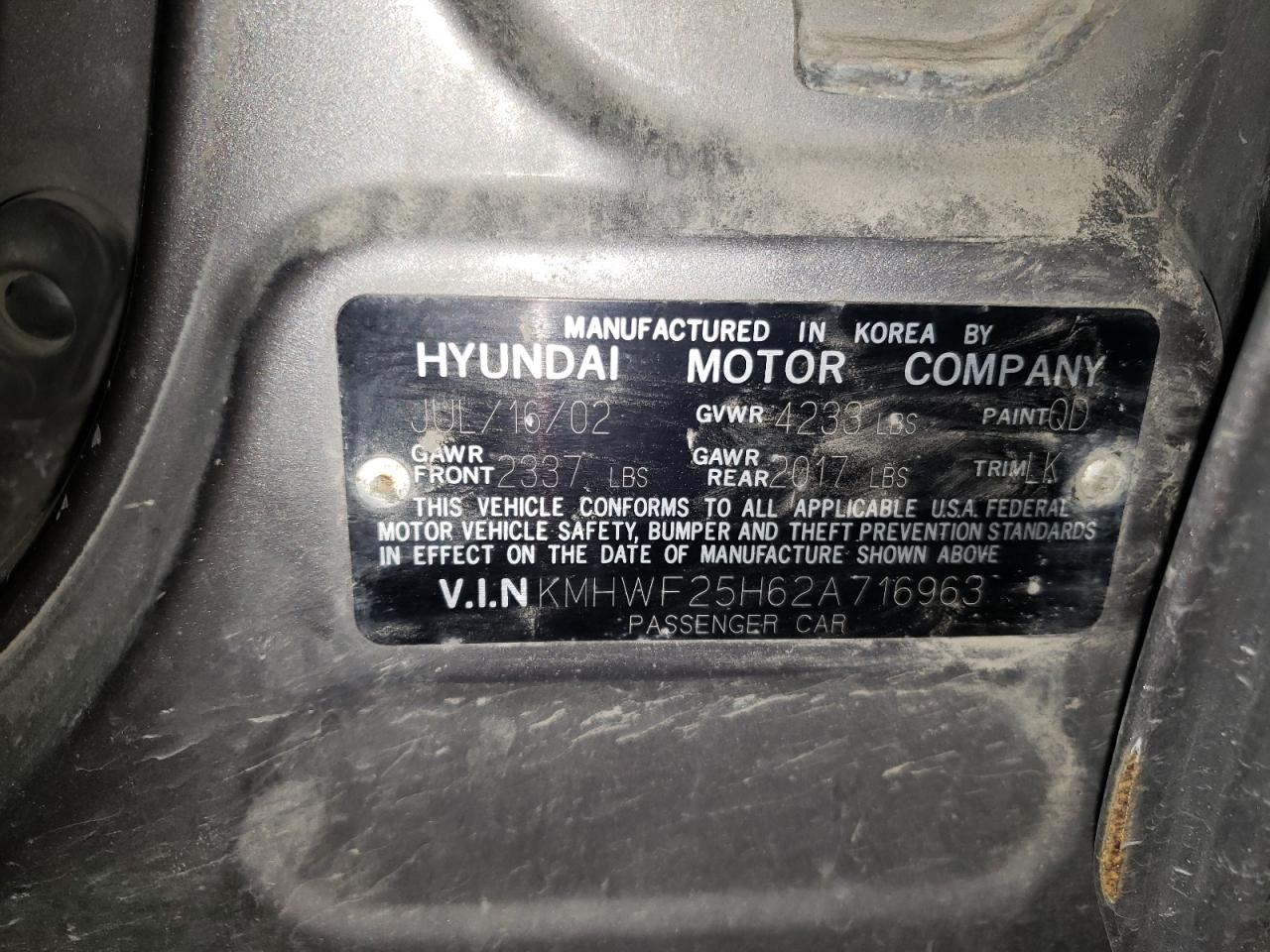 2002 Hyundai Sonata Gl VIN: KMHWF25H62A716963 Lot: 93117955