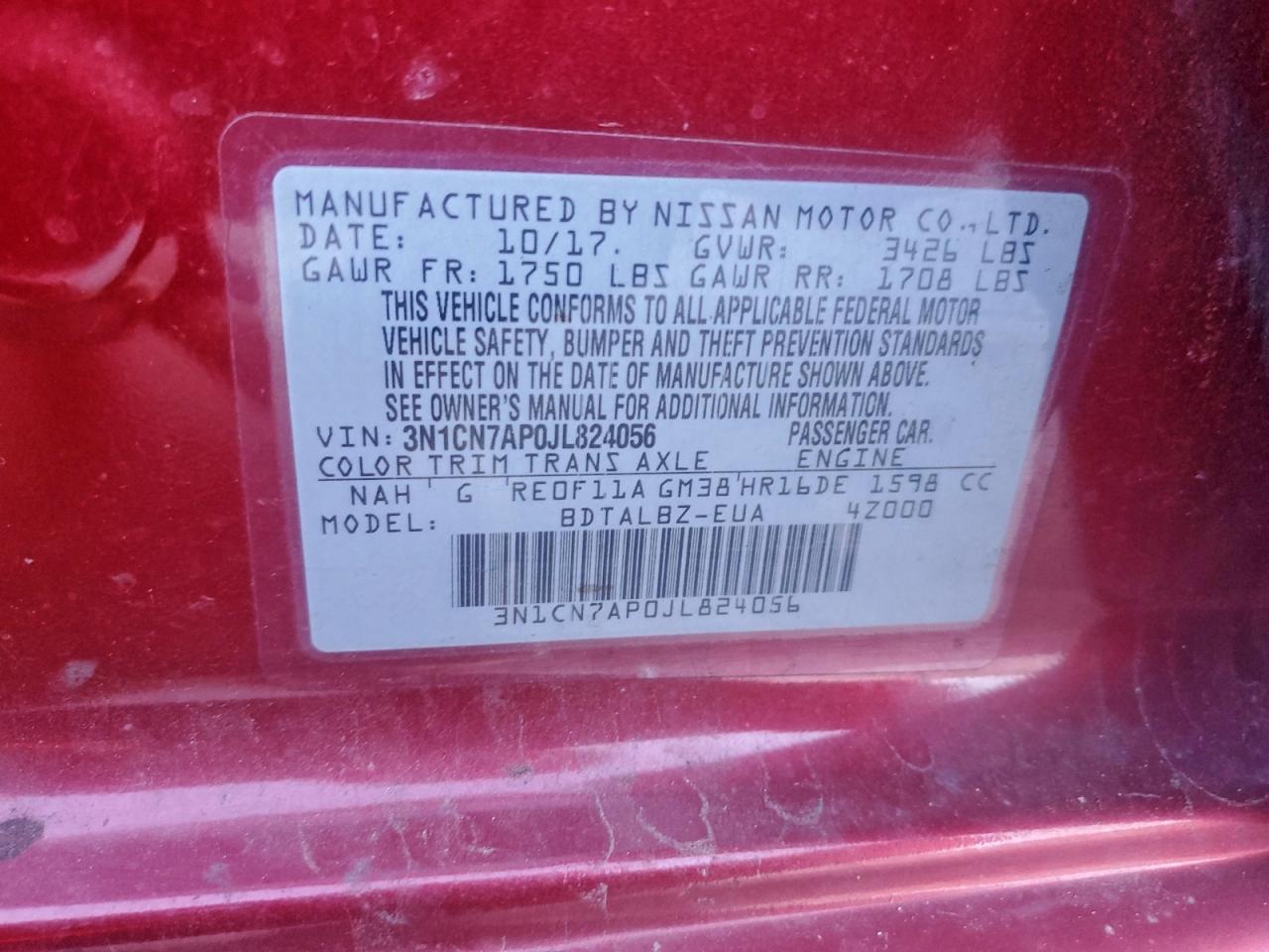 2018 Nissan Versa S VIN: 3N1CN7AP0JL824056 Lot: 93903045