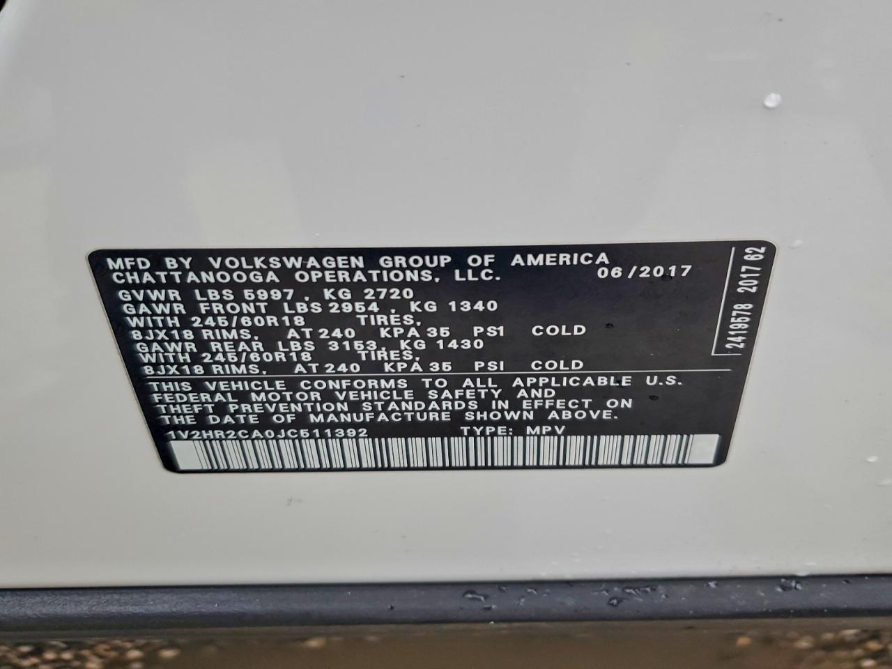 2018 Volkswagen Atlas VIN: 1V2HR2CA0JC511392 Lot: 93904635