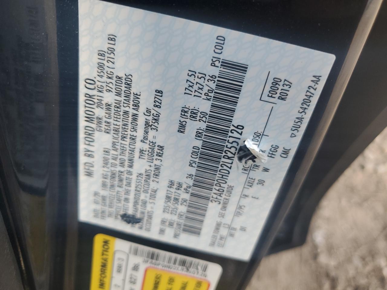 2020 Ford Fusion Se VIN: 3FA6P0HD2LR255126 Lot: 91368135