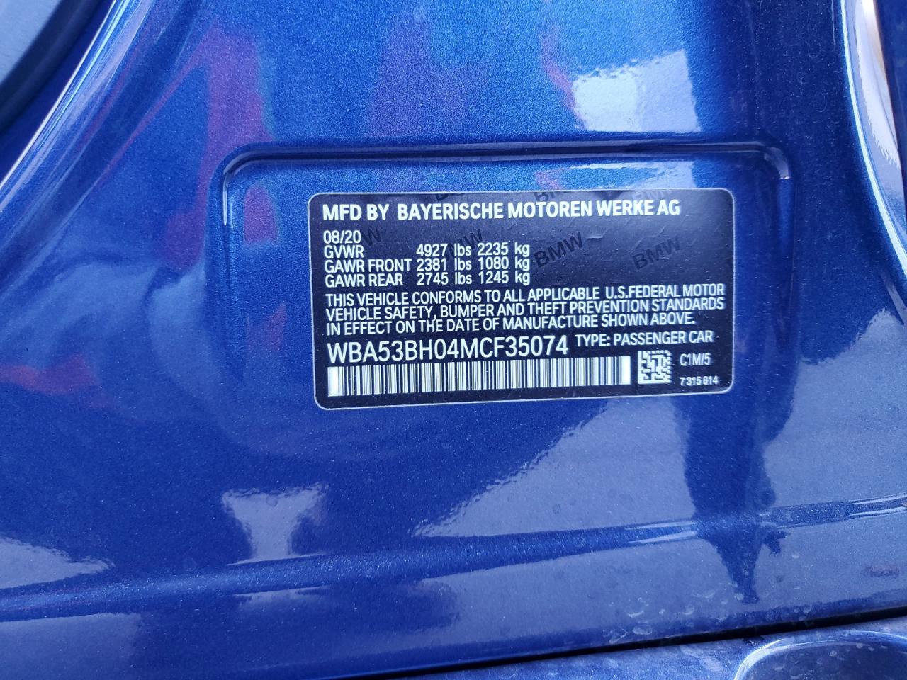 2021 BMW 530 I VIN: WBA53BH04MCF35074 Lot: 91881745