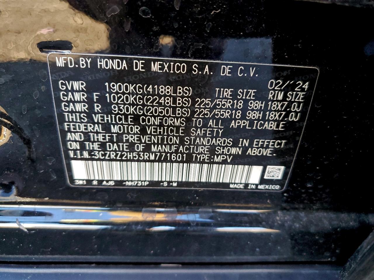 2024 Honda Hr-V Sport VIN: 3CZRZ2H53RM771601 Lot: 94417745