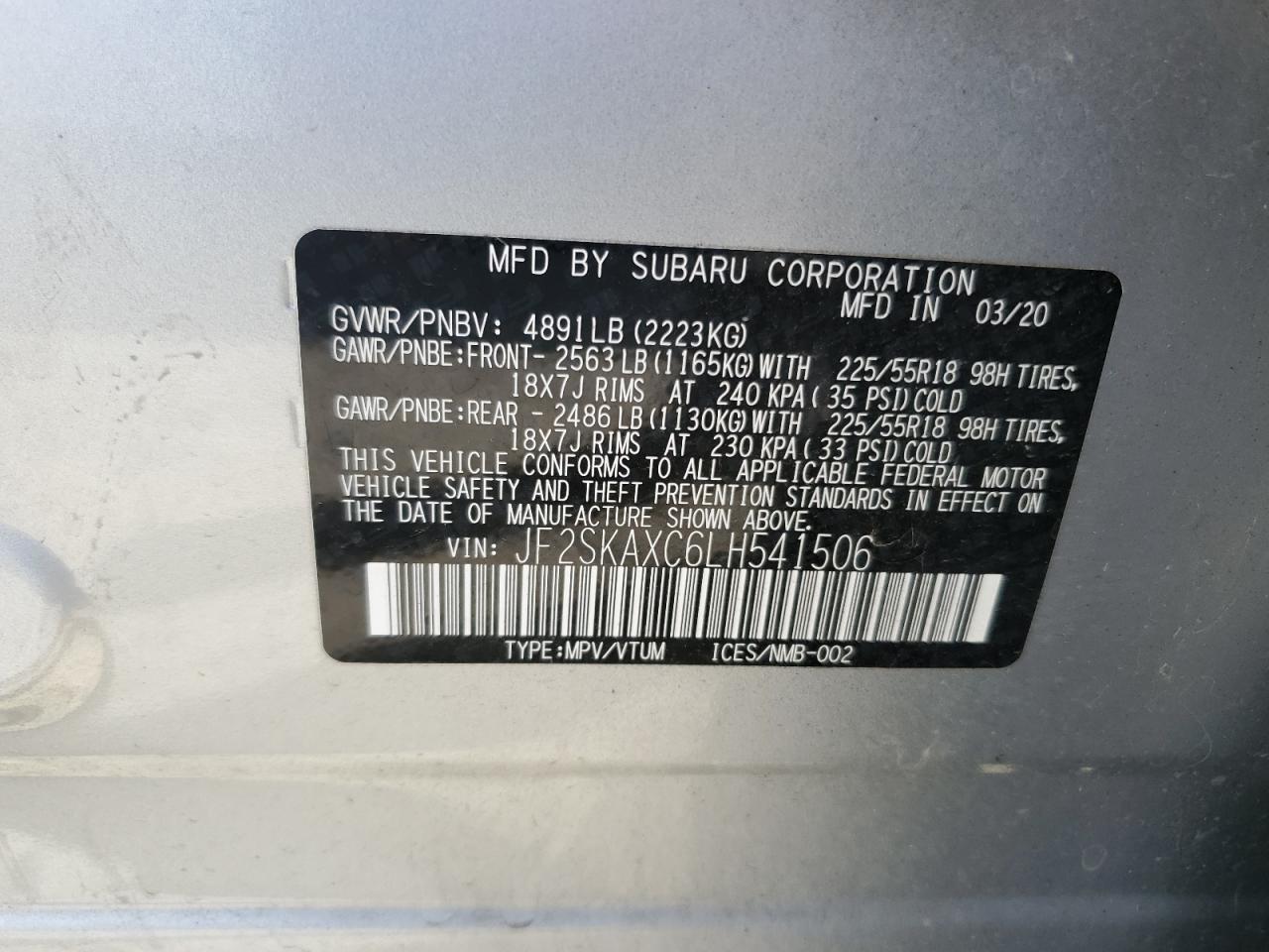 2020 Subaru Forester Touring VIN: JF2SKAXC6LH541506 Lot: 91934515