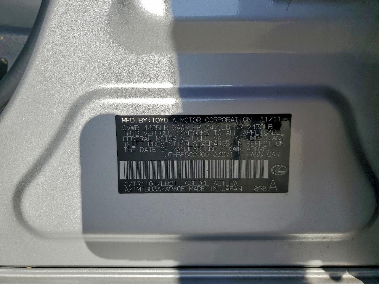 2012 Lexus Is 250 VIN: JTHBF5C23C5163071 Lot: 91655895