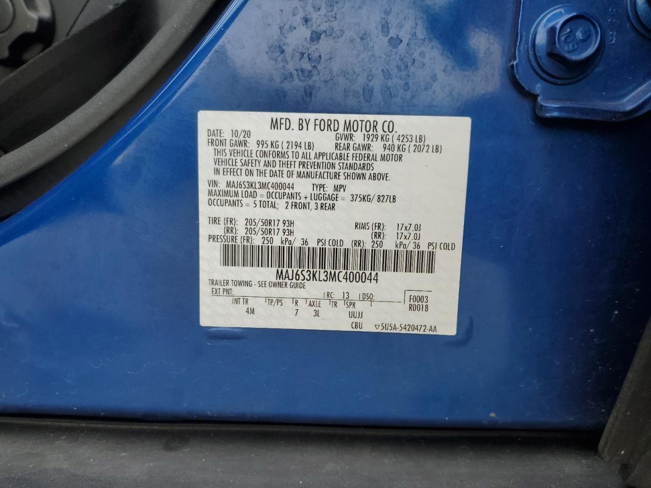 2021 Ford Ecosport Titanium VIN: MAJ6S3KL3MC400044 Lot: 90620965