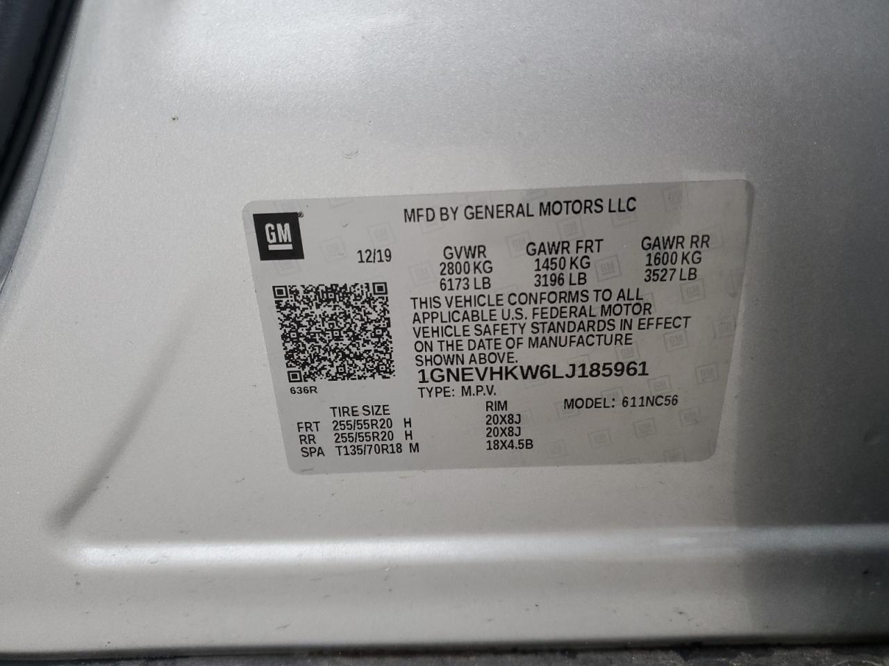 2020 Chevrolet Traverse Lt VIN: 1GNEVHKW6LJ185961 Lot: 93492515