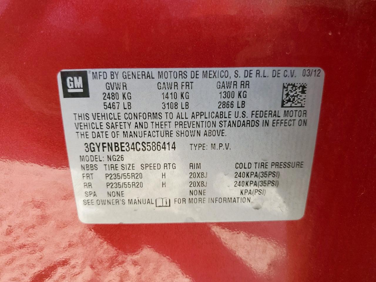 2012 Cadillac Srx Performance Collection VIN: 3GYFNBE34CS586414 Lot: 93022255